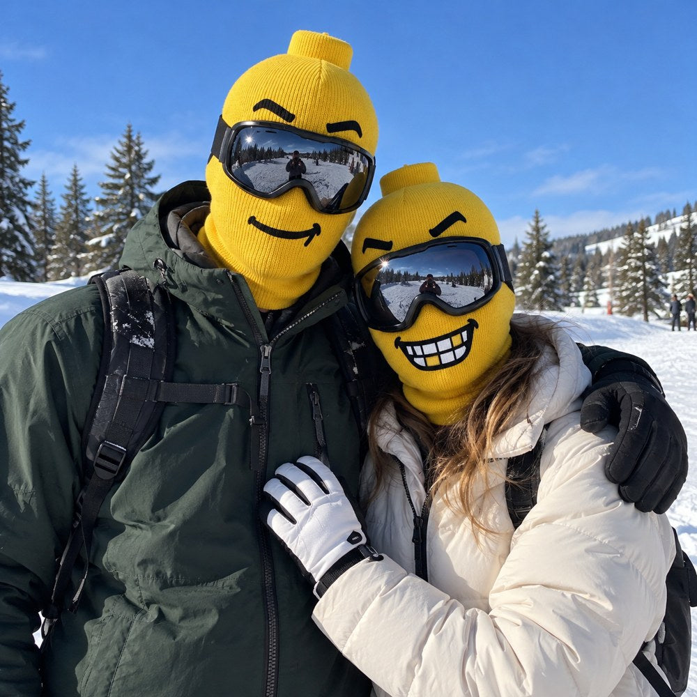 A couple in Originals masks hugging in the snow