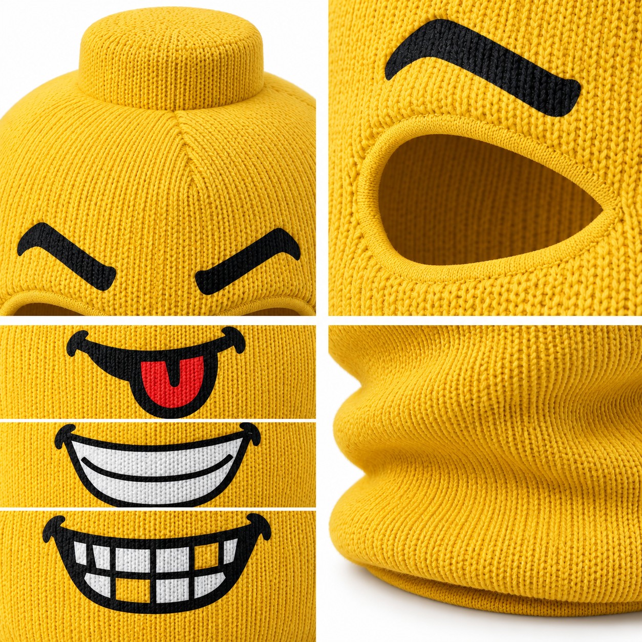 Close-ups of the Originals mask: knit, eye opening and faces