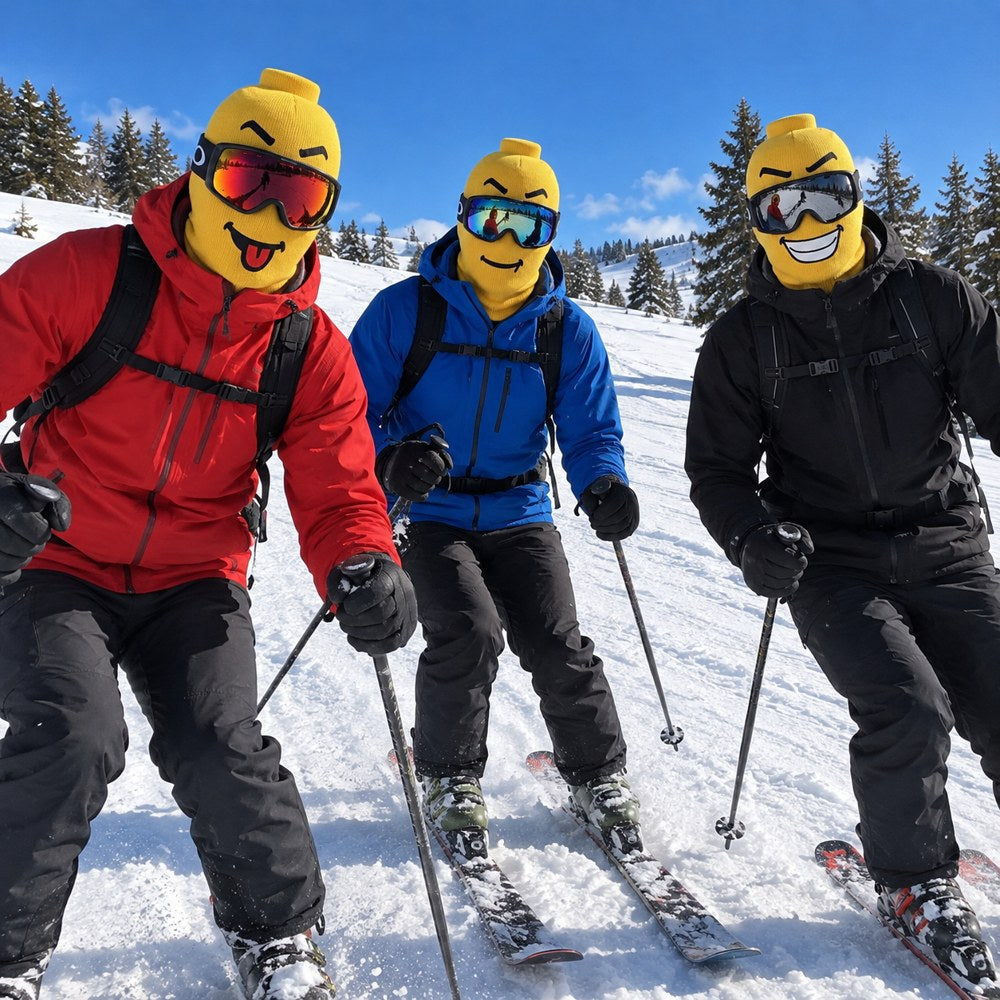 Three friends skiing in Originals masks