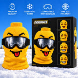 Originals Ski Mask - yellow mask with goggles and the Originals box in the snow with benefit icons on a blue sky