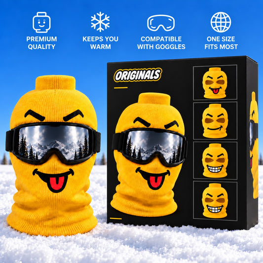 Originals Ski Mask - yellow mask with goggles and the Originals box in the snow with benefit icons on a blue sky